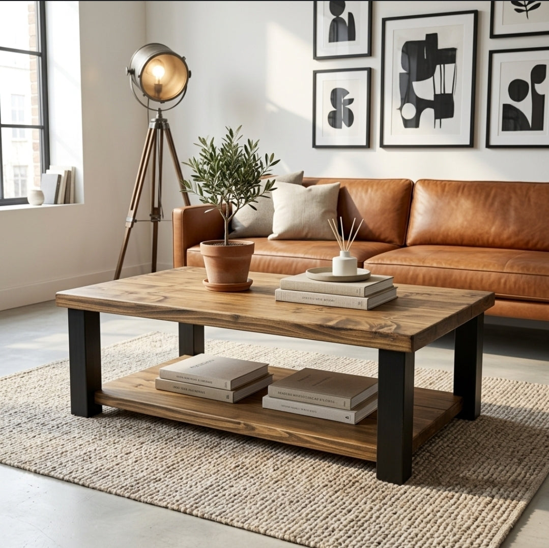 Farmhouse Wooden Coffee Table – Rustic Living Room Table with Storage