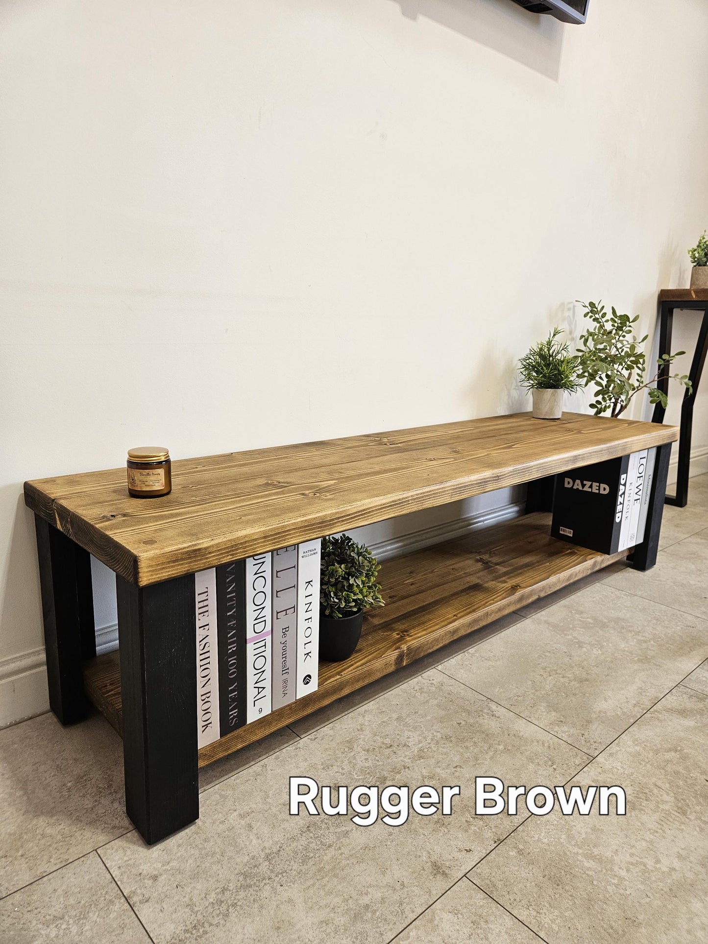 Rustic Handmade TV Unit with 3 Shelves – Solid Wood Media Console