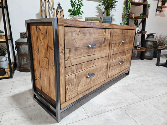 Rustic industrial chest of drawers with wood and metal design

