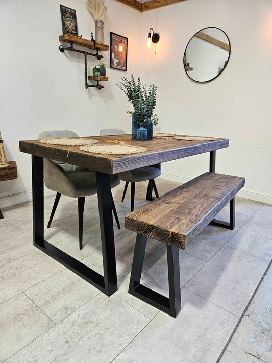 Rustic industrial dining table with trapezoid metal legs in dining room