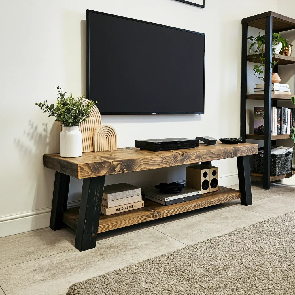 Rustic TV Stand – Handmade Industrial Solid Wood & Steel Media Unit - DK Fabrications