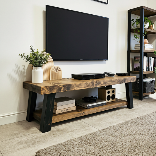 Rustic TV stand made from solid wood with industrial steel legs