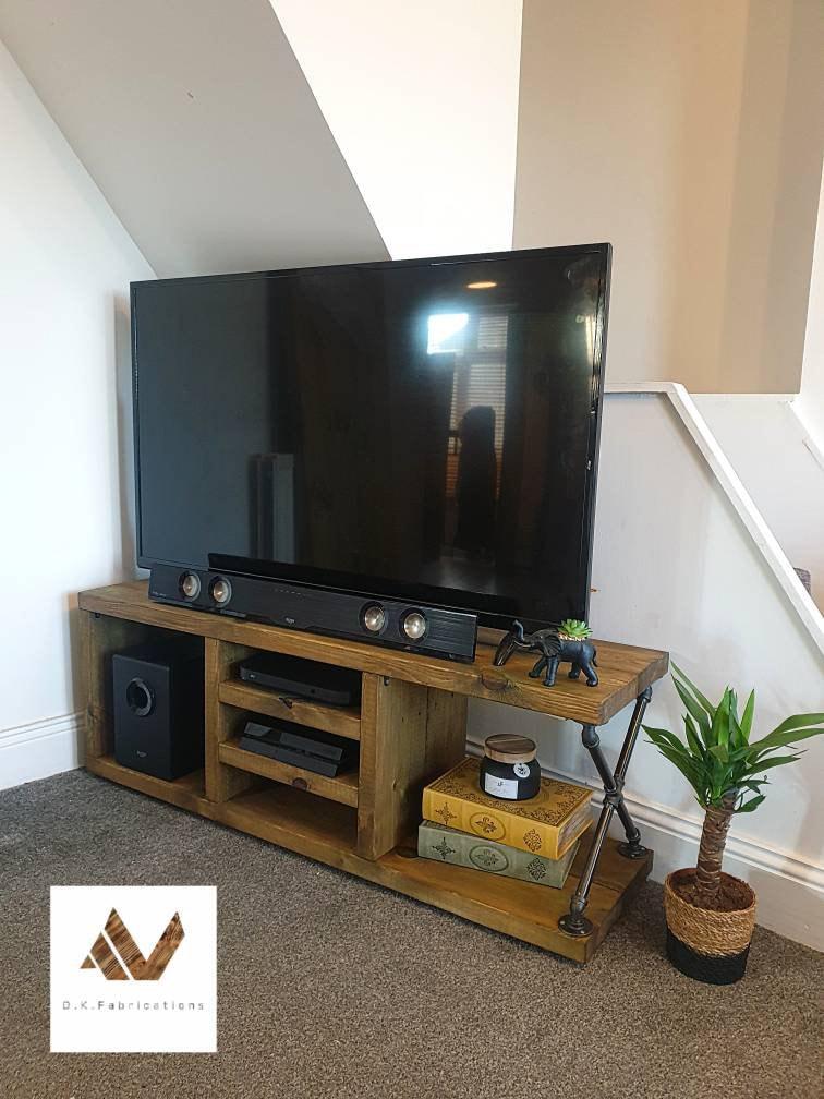 Rustic TV Stand – Wooden TV Unit with Industrial Charm - DK Fabrications