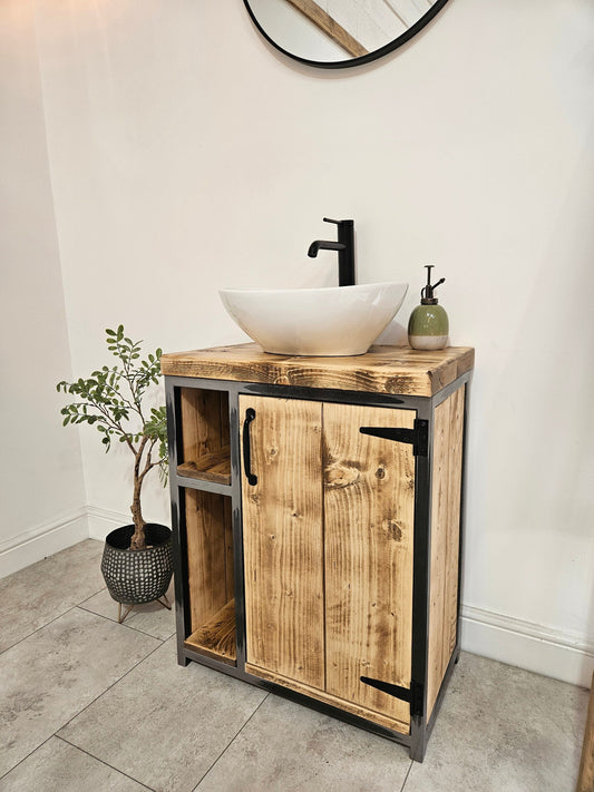 Rustic vanity unit with wooden finish and industrial accents for bathroom