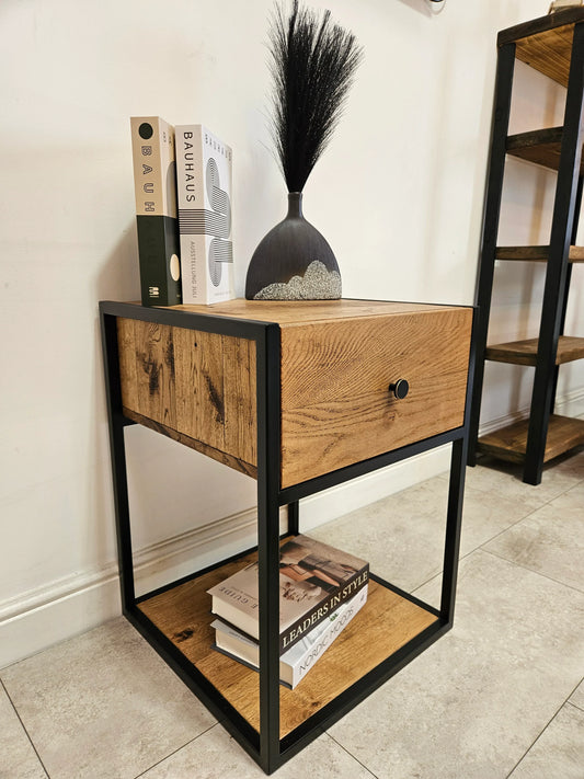 Solid Oak Bedside Table – Handmade Industrial Oak Nightstand - DK Fabrications