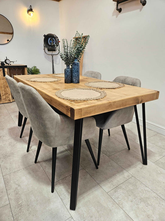 Solid wood hairpin dining table with black steel legs