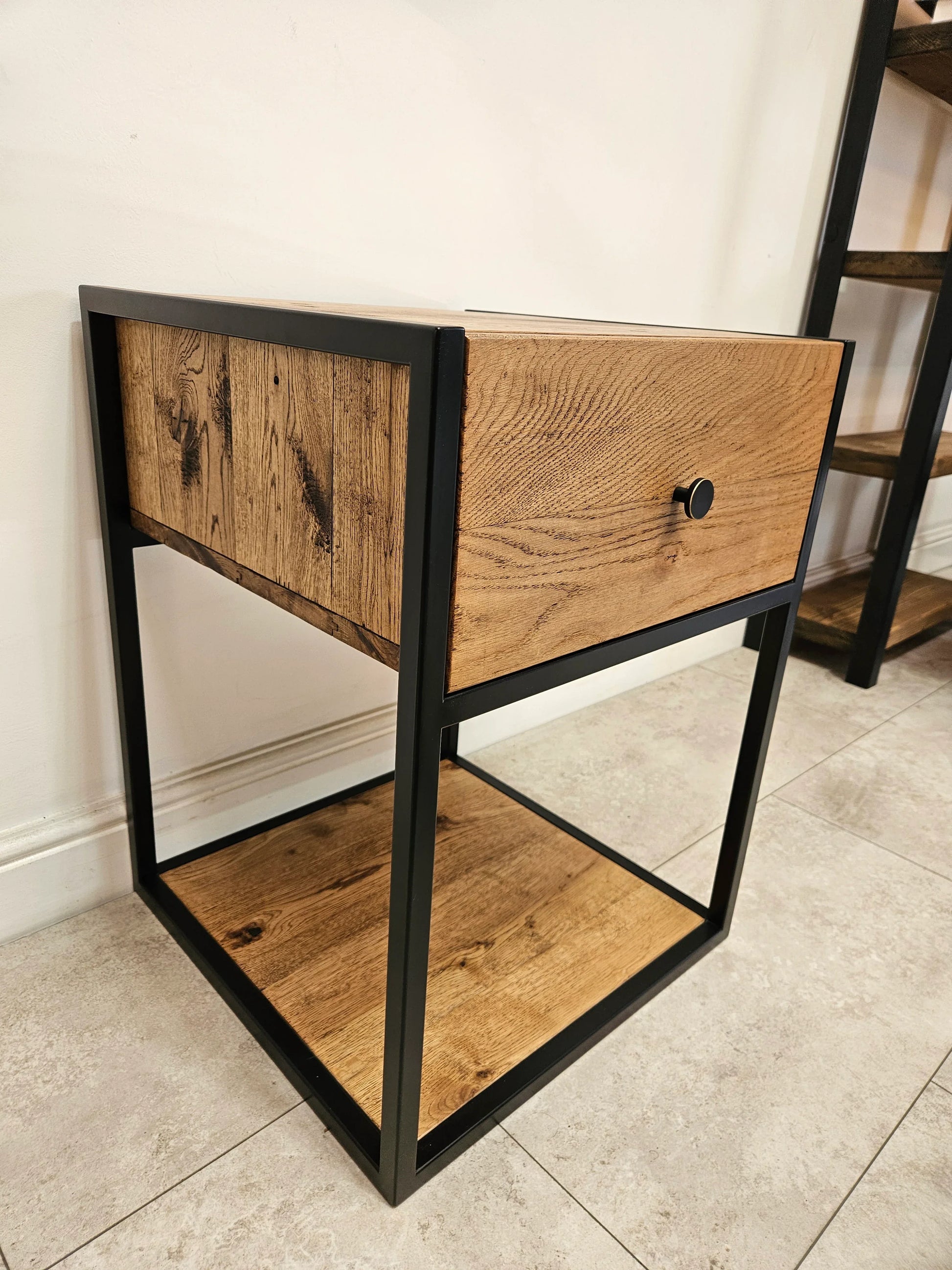 Solid Oak Bedside Table – Handmade Industrial Oak Nightstand - DK Fabrications