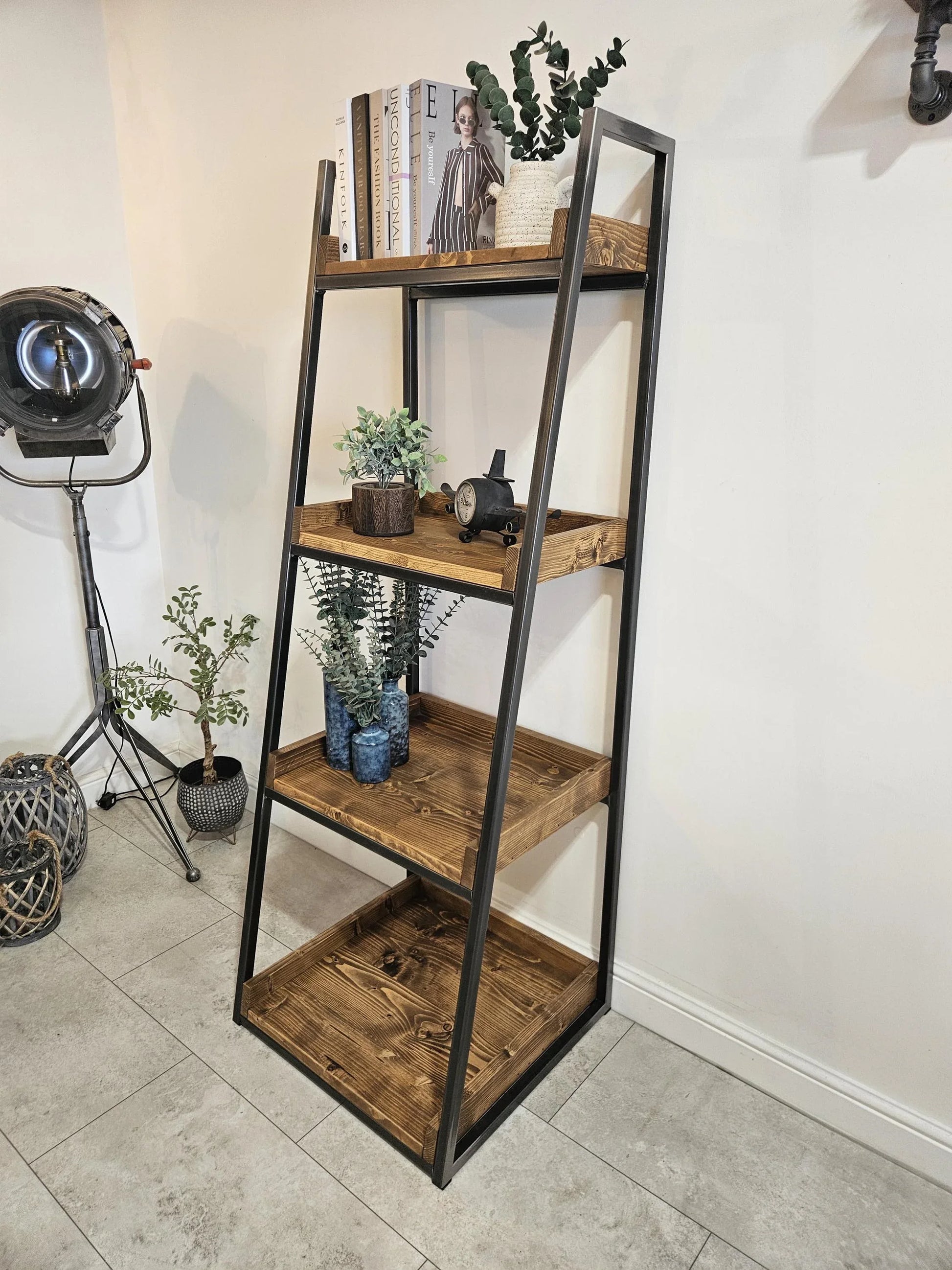 Industrial Bookshelf – Metal & Wood Ladder Shelf for Storage & Display - DK Fabrications