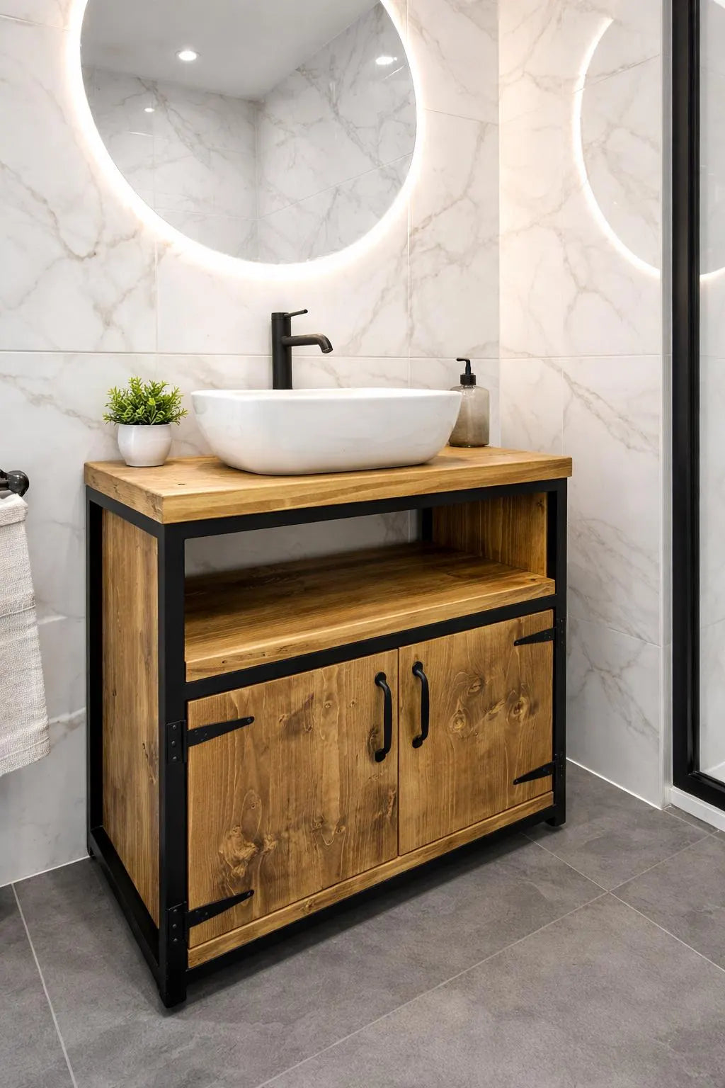 Industrial Rustic Vanity Unit with Cupboard – Solid Wood & Metal