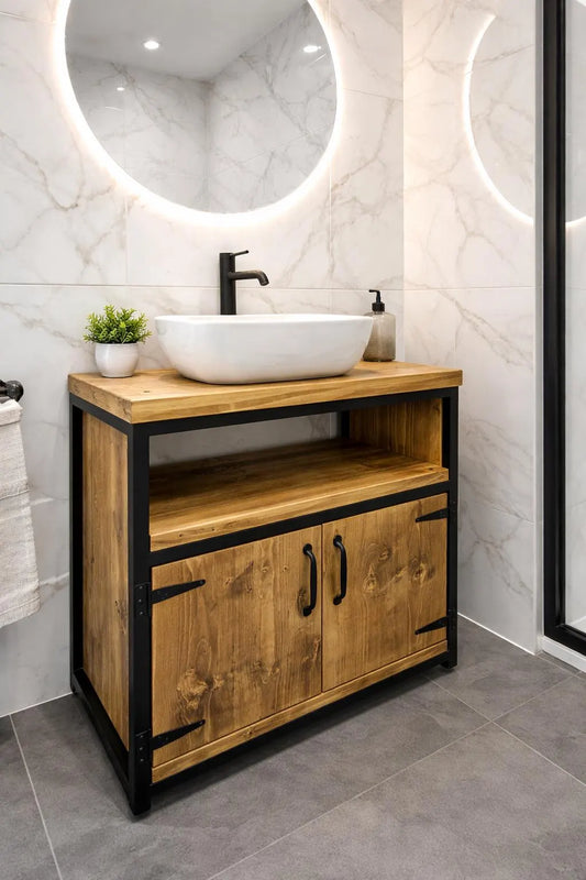 Industrial Rustic Vanity Unit with Cupboard – Solid Wood & Metal