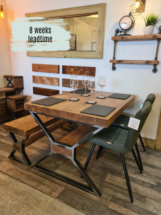 Chunky dining table with bench and 2 charis