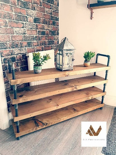 Handmade industrial shoe rack with solid wood shelves and metal frame