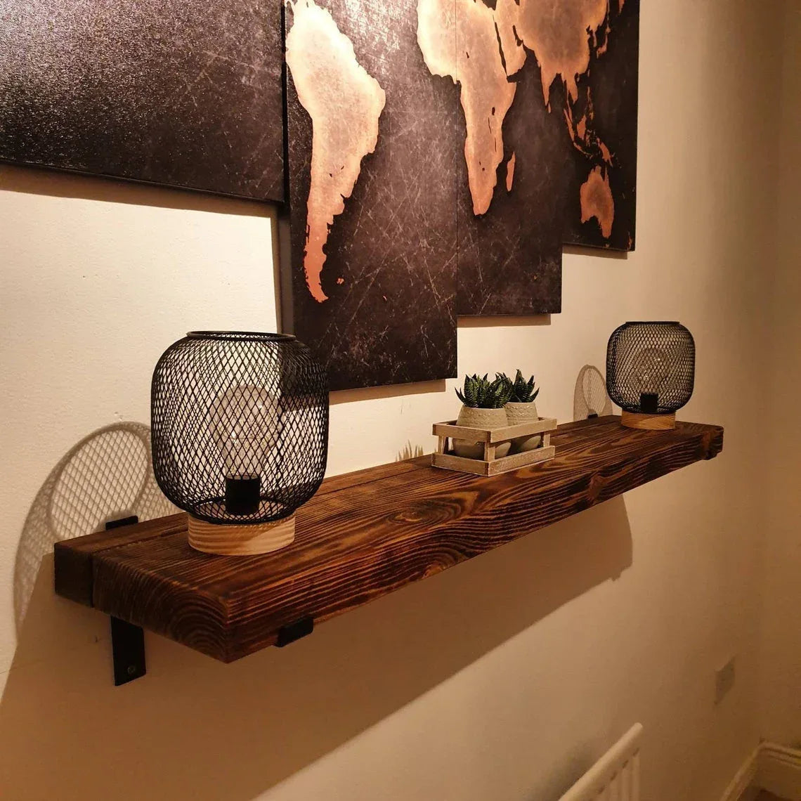 Industrial Rustic Wall Shelf with Metal Brackets – Solid Wood - DK Fabrications